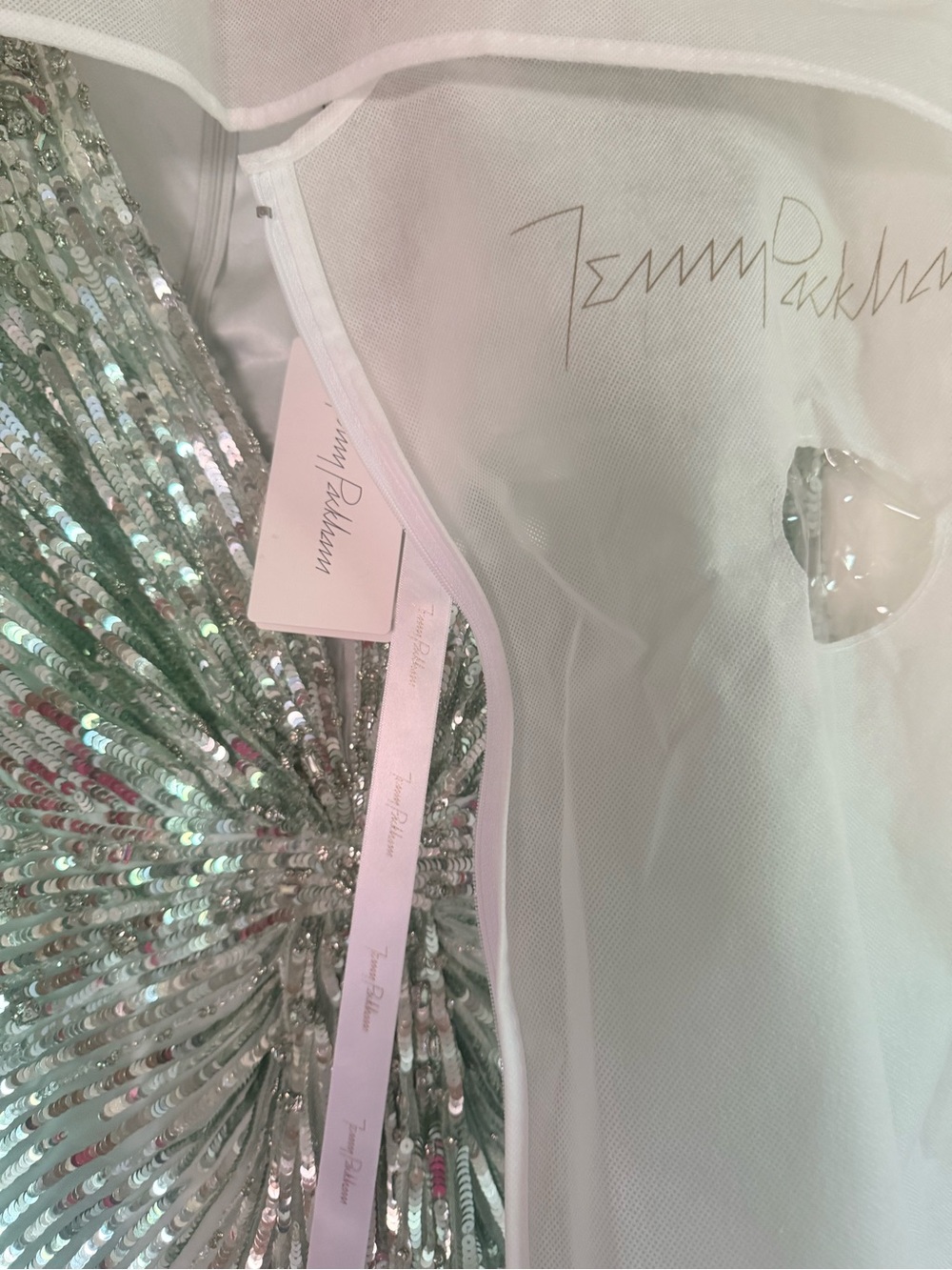 Jenny Packham Mint Green Sequin Draped Evening Gown - Picture 9 of 13